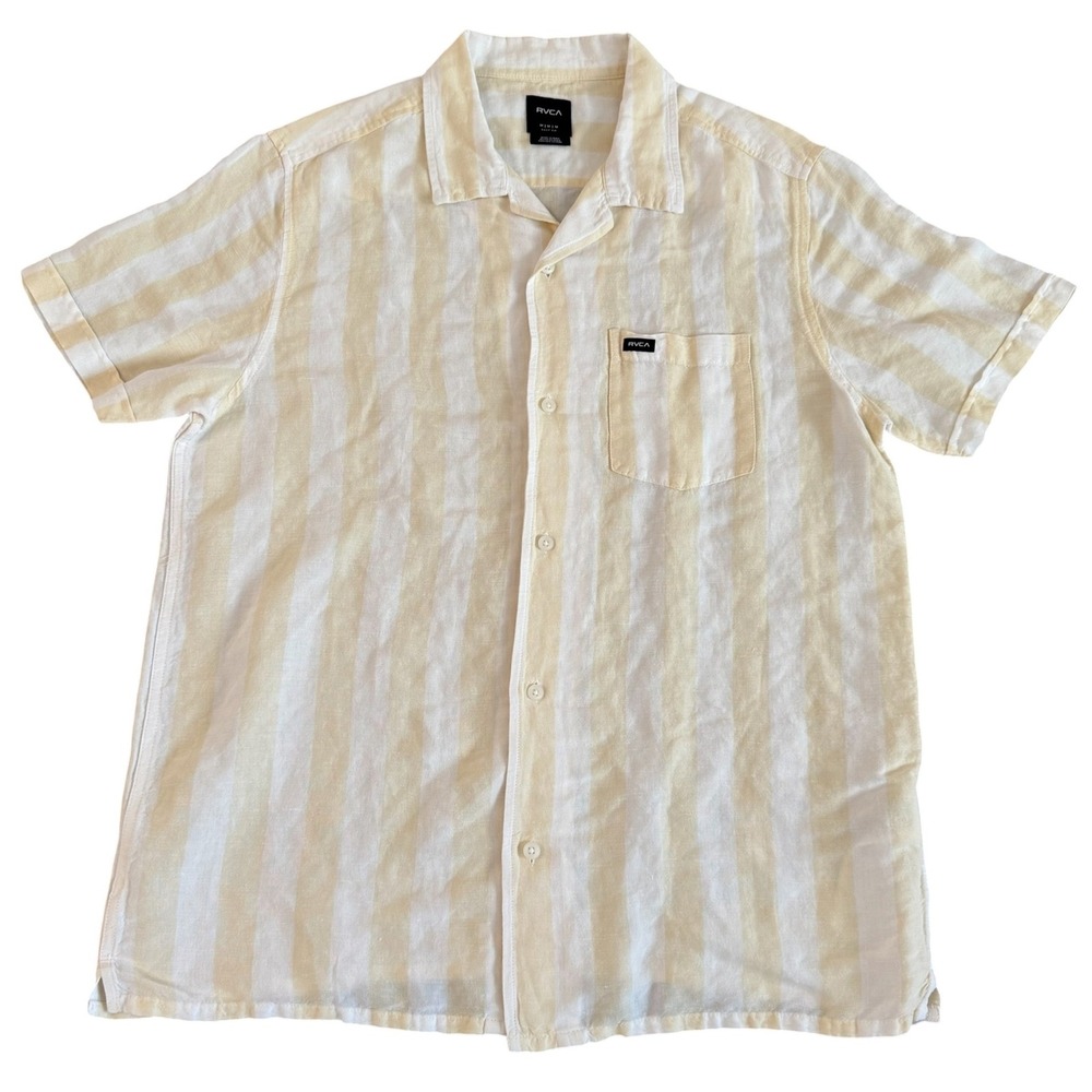 RVCA Medium Yellow Striped Linen Blend Easy Fit Mens Short Sleeve Button Up Top